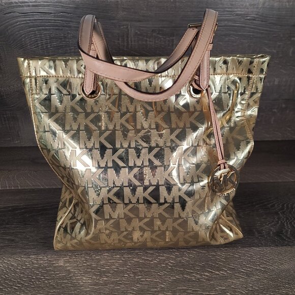 Michael Kors MK Logo Mirror Metallic Gold Monogram Luxury Tote Bag Purse Large - Picture 1 of 13
